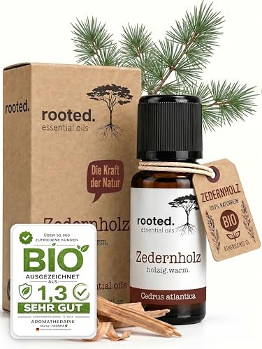 rooted.® BIO Zedernholzöl 10ml [100% NATURREIN] - Echtes Zedernholz - Cedrus atlantica - Ätherisches Öl für Aromatherapie, Duftlampe, Diffusoren, Raumduft, Duftkerzen und -Seifen