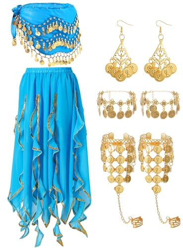 Haysandy 8 Pcs Belly Dance Outfit Sets Women,Belly Dance Skirt, Hip Scarf, 2 Bracelets, Earrings, Anklet Bracelet(Blue)