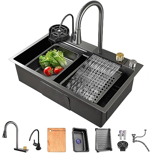 Évier de cuisine simple cuve en acier inoxydable 304 encastré/posé avec robinet cascade extractible, rince-verres et accessoires(68 * 45cm)