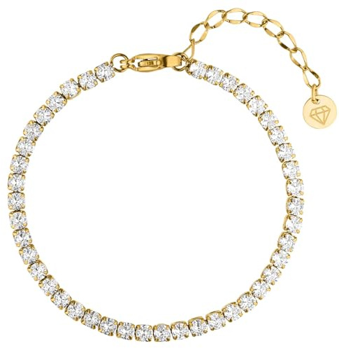 DIAMOND MODE Tennis Armband Damen Gold, Frauen Schmuck Tennisarmband, 16-20cm Verstellbar, wasserfest 18K Vergoldet, hochwertige Zirkonia Steine, Chirurgenstahl 316L, Armektte, Armbänder Geschenk