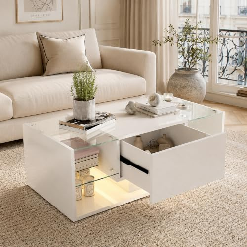 Mesa de salón con cajones y LED, mesa de centro rectangular con estante de cristal, alto brillo moderno, para sala de estar, oficina, 100 x 50 x 35 cm, blanco (blanco-01)
