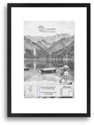 Clamaro Cornice Foto 30x40 cm con Passepartout, Nero Opaco | Serie Collage 20, Larghezza Cornice 20 mm, Misura Esterna 32,8x42,8 cm, Lastra in Vetro Acrilico
