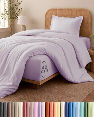 Duvet Cover Set Single - 3 Piece Fitted Sheet 40cm (16) - Light Lavender | Brushed, Soft, Wrinkle Resistant, Fade Resistant, Zip Closure, Corner Ties, Breathable, Easy Care, Bedding Set, OEKO-TEX