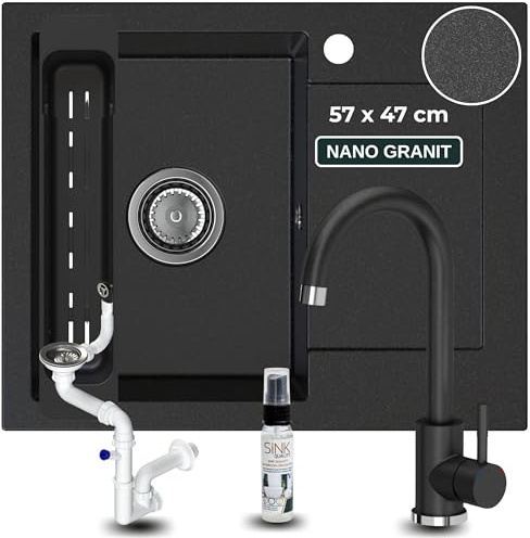 SINK QUALITY Granitspüle schwarz gesprenkelt mit Armatur 58x47 - Spülbecken mit Siphon und Imprägniermittel - Küchenspüle schwarz gesprenkelt mit Abtropffläche für 50er Unterschrank