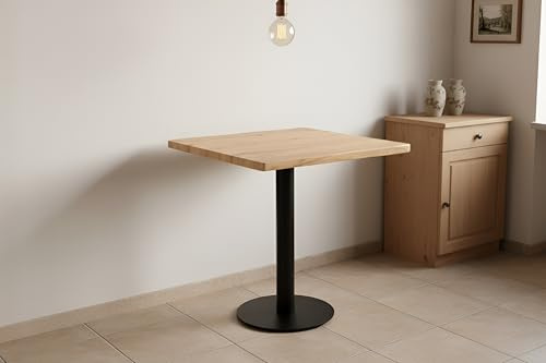 SAM Bistrotisch Joan | 70 x 70 cm eckig | Holz | Farbe: Eiche | Baumkante | schwarzes rundes Säulengestell aus Metall | Säulentisch/Esstisch für Küche, Café & Essbereich