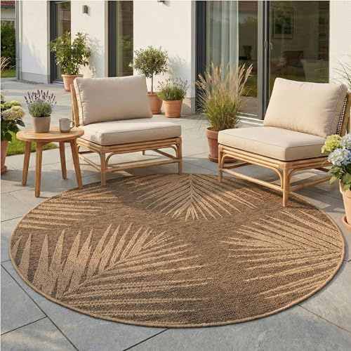 Teppium Tappeto Outdoor Rotondo 80 cm Beige, Resistente alle Intemperie Facile da Pulire, Tappeto Look Juta per Balcone Cucina Ingresso, Adatto Indoor Outdoor