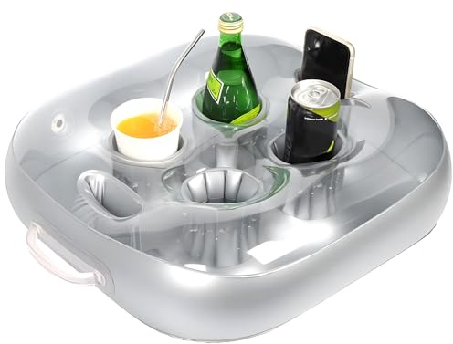 Jonuin Floating Drink Holder for Pool & Hot Tub - Multi-Slot Cup Holder for Drinks, Snacks & Phone, Inflatable Floating Drink Tray, Portable Pool Bar for Summer Parties, Pool Accessories (Silver)