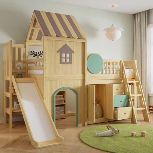 YuQozii Letto a soppalco con scivolo, letto a castello, letto per bambini, design a casa, scala a tre gradini, con ripiani, cassettiera e guardaroba, pino + MDF, naturale + verde, 90 x 200 cm