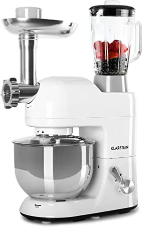 Klarstein Batidora Amasadora con Bol, 5L para Hornear, Robot Cocina, Amasadora Reposteria 1800W, Picadora Carne, Gancho y Bol para Mezclar con Varillas Rotación Planetaria 6 Velocidades