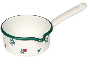 Riess, 0036-049, Stielkasserolle mit großem Ausguss ø 14cm, GMUNDNER STREUBLUMEN, Emaille, Vol. (rec.): 0,8 Liter, Made in Österreich, LBH: 30,7x17,3x9,1cm, 0,415kg, Induktionskocher kompatibel