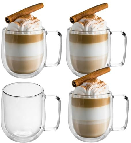 Intirilife Set de 4 Verres Thermiques à Double paroi -150-200ml- soufflés à la Bouche et isolés pour Espresso Cappuccino, Verres à thé Verres à café Tasses à Latte, Effet de lévitation avec Anse