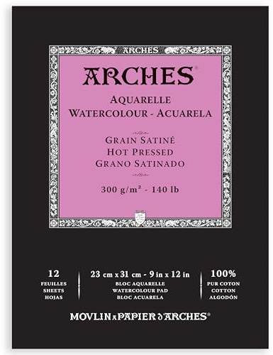 Arches Aquarelle Watercolor Pad, Hot Pressed, 140lb/300gsm, 12 Sheet, 9x12 inch, Arches Watercolor Paper 100% Cotton