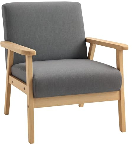HOMCOM Modern Armchair, Linen Upholstered Accent Chair with Solid Wood Legs and Wide Seat, Padding Lounge Chair for Living Room Bedroom Office, Grey
