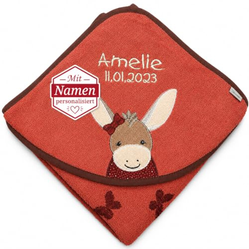 Sterntaler Badetuch 100x100 cm aus 100% Baumwolle personalisiert mit Namen/inklusive Bestickung (Emmily rot)
