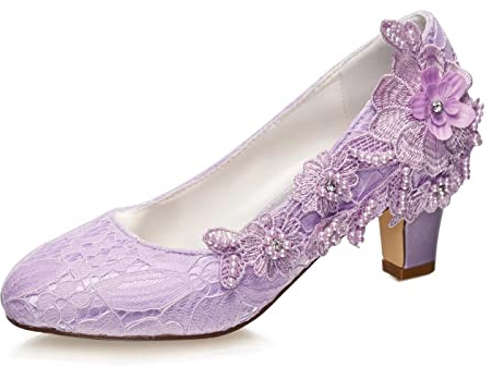 Emily Bridal Brautschuhe Frauen Seide wie Satin Stämmiger Absatz Absatzschuhe mit Stich Spitzen Blume Kristall Perle (EU39, Helles Lila)