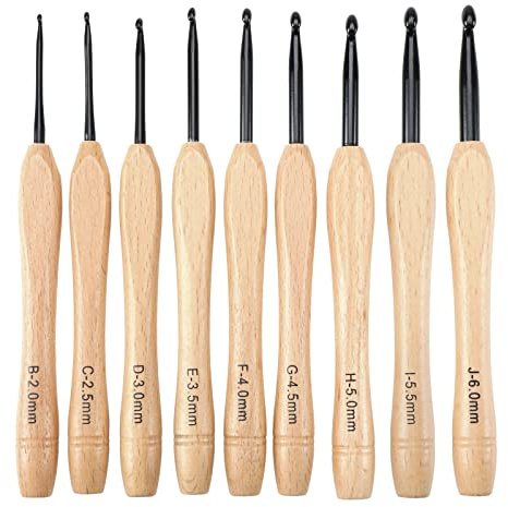 9 Stück Häkelnadel-Set mit flachem Griff aus Holz für leichtes Stricken und Häkelzubehör 2,0 mm bis 6,0 mm