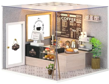 CUTEROOM DIY Holzpuppen Haus Handwerk Miniatur Kit-Schlafzimmer Modell & alle Möbel (Leisurely Coffee Shop)