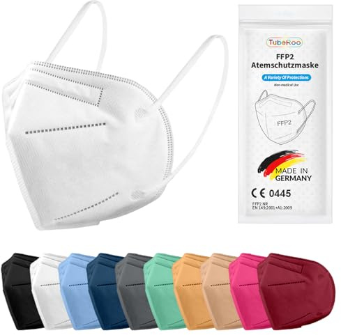 TubeRoo FFP2 Maske Bunt farbig 1/5/10/20/50/100 Stück Masken aus Deutschland, Made in Germany, weiche runde Ohrschlaufen Bänder, Atemschutzmaske, Mundschutz, Schutzmaske, Staubmaske, Feinstaubmaske
