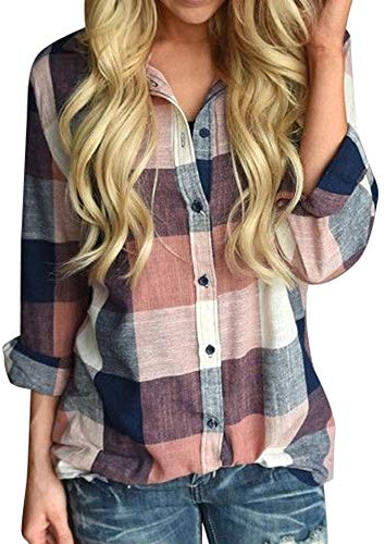 Damen V-Ausschnitt Kariert Bluse Karo Shirt Langarm Einfarbig Hemd Elegant Frauen Shirt Hemdbluse Bluse Damenbluse Blusenshirt