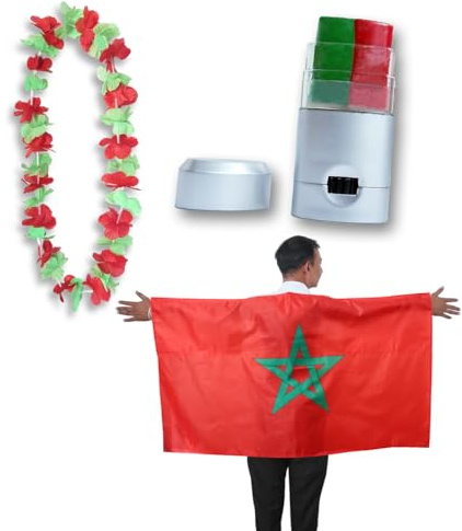 Sonia Originelli Fanset Fanartikel Poncho Fahne Flagge zum Umhängen Schminkstift und Blumenkette Hawaiikette Farbe: Marokko