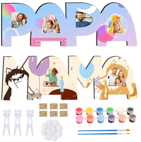 RtottiM MAMA PAPA Geschenk Enkel Zum Geburtstag - Bilderrahmen Mit Holzbuchstaben Bastelset, Farben und Pinsel - Geschenkideen für Eltern
