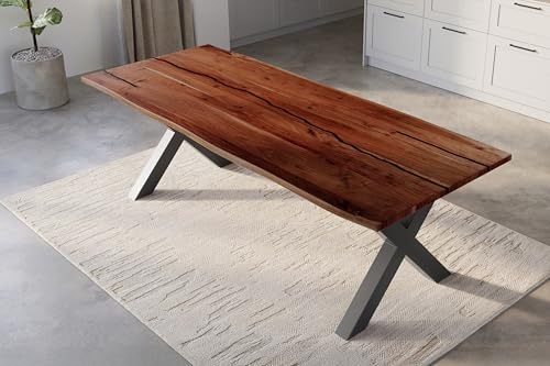 SAM Esstisch Polly Epoxy 300x100 cm Akazie nussbaum Baumkante X schwarz | Baumkantentisch massiv, Akazienholz nussbaumfarben, 26 mm Tischplatte, Epoxidharz-Adern Schwarz, Eisengestell, Esszimmertisch