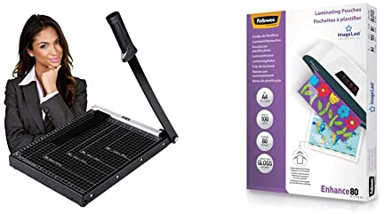 Ediesi, Papierschneider, A4, Schneidemaschine, 4 Farben (Schwarz, A4) & Fellowes Laminierfolien A4 ImageLast, 80 Mikron (2 x 80 mic), glänzend, 100 Stück, transparent mit Ausrichtungshilfe