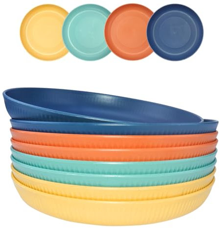 PullinTimes Set di 8 Piatti in Plastica,22.5cm,Piatti da Picnic in Plastica,Piatti da Insalata, Piatti da Dessert,Piatti da Festa,lavabili in lavastoviglie e sicurezza nel forno a microonde, 4 Colori
