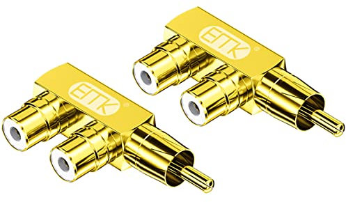 EMK RCA Splitter Adapter 2 Pack,90 Degree Right Angle RCA Male to 2 RCA Female Plug Audio Video Splitter Adapters Gold-Plated Metal Connector