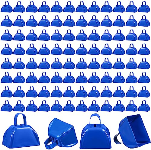 Boao 100 Pieces Metal Cowbell with Handle for Sporting Events Small Cow Loud Bells Noise Makers Call Bells for Wedding Cheering Football Games, 3 x 2.8 x 2.5 Inch(Blue)