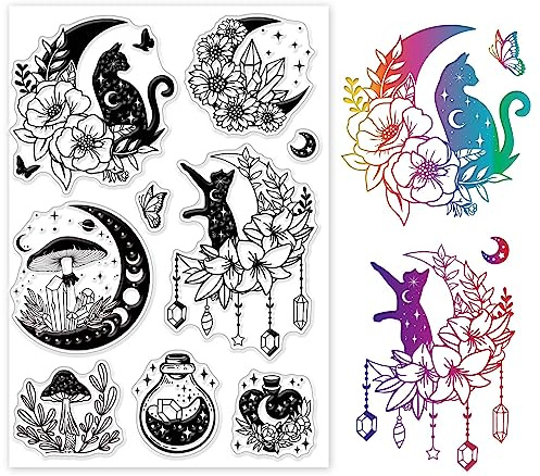 GLOBLELAND 21x15 cmMond und Katze Transparente Silikonstempel Märchenpilz Klare Stamps Blumenmond Silikonstempel Für Kartengestaltung DIY Prägung Journaling