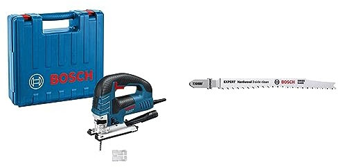 Bosch Professional Stichsäge GST 150 BCE (780 Watt, im Koffer) + 5x Stichsägeblatt Expert ‘Hardwood 2-Side Clean’ T 308 BF (für Kunststoffbeschichtete Platten, L 117 mm, Zubehör)