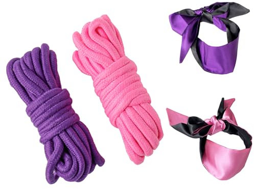 Corda morbida in corda di cotone,2 pezzi corda di cotone,2 pezzi Benda Occhi,4 set,raso di seta benda maschera per gli occhi per i giochi di sonno(rosa viola)