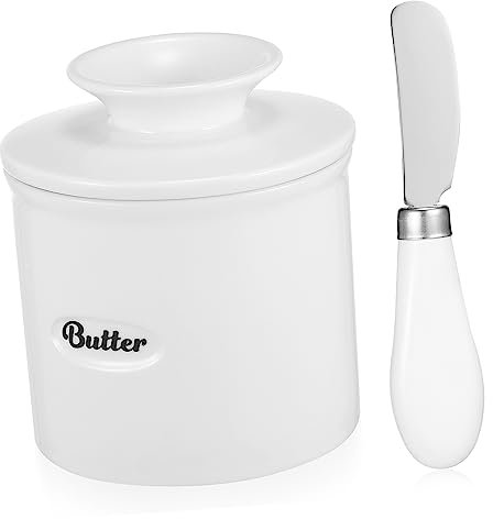 ABOOFAN Beurrier En Céramique Blanc 500ml Avec Couvercle Anti-dérapant Et Couteau Plat En Acier Inoxydable Cuisine Et Comptoir