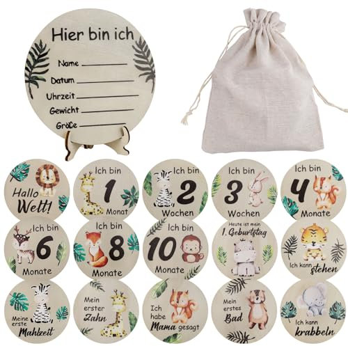 Meilensteinkarten Baby aus Holz, 30 Meilensteine auf edlen Holzscheiben, Meilensteinkarten Schwangerschaft, Meilensteine Baby Geschenke zur Geburt & Babyparty für Schwangere, Werdende Mütter & Eltern