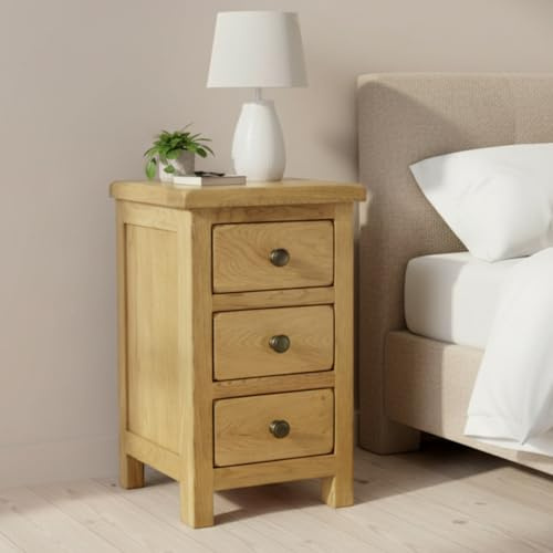 GROF GROFurniture Solid Oak Bedside Table, 3 Drawer Slim Bedside Cabinet, Wooden End Table Nightstand, Bedroom Furniture