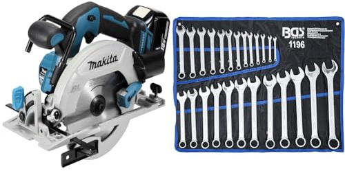 Makita DHS680Z Akku-Handkreissäge 57mm 18 V (ohne Akku, ohne Ladegerät), Blau, Silber & BGS 1196 | Maul-Ringschlüssel-Satz | 25-tlg. | SW 6-32 mm | inkl. Tetron-Rolltasche | Gabelringschlüssel