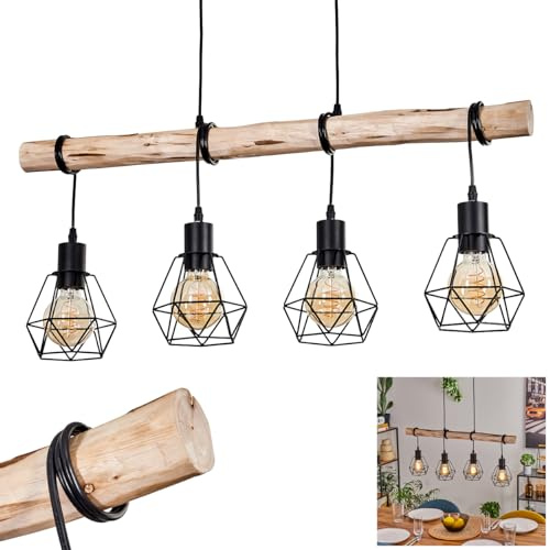 HOFSTEIN Hängeleuchte Yaak, 4-flammige Hängelampe aus Metall/Holz in Schwarz/Naturfarben, moderne Leuchte im Retro/Vintage-Design mit Holzstab in Gitter-Optik, E27, Esszimmer, Küche, Wohnzimmer