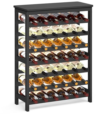 SONGMICS 42-Bottle Wine Rack Free Standing Floor, 7-Tier Display Wine Storage Shelves with Table Top, Bamboo Wobble-Free Bottle Holder for Kitchen Bar Dining Room Living Room, Ink Black UKWR027B16