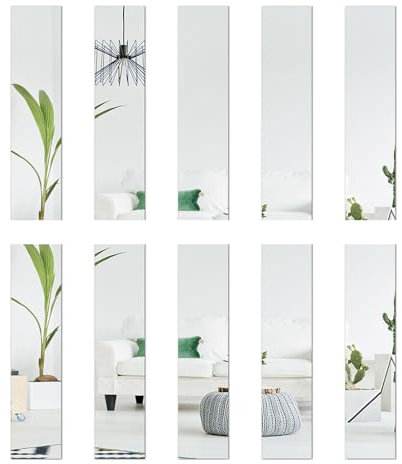 KMQRDZi 10 specchi in vetro 5x20 cm, piastrelle a specchio, decorazione 3D, adesivo rettangolare acrilico, specchio da parete autoadesivo, fai da te (argento)