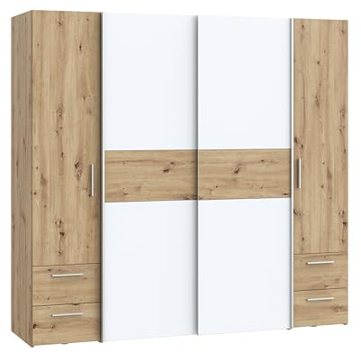 AVANTI TRENDSTORE Fenna - Armadio in legno laminato a 2 ante scorrevoli centrali, 2 ante battente laterali e 4 cassetti, all'interno ripiani e bastoni appendiabiti. Dimensioni LAP ca. 200x191x61 cm