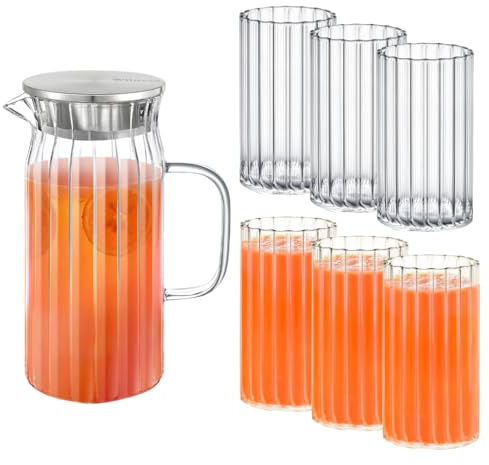 Wilmax - Jarra de cristal de 1 litro con 6 vasos de agua de 250 ml, tapa de acero inoxidable, jarra de agua de cristal estriado, jarra de agua para zumo, agua, té helado, leche, jarra de cristal