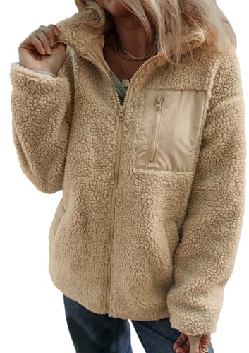 Dokotoo Winter Clothing for Women Casual Solid Long Sleeve Jackets Open Front Full Zipper Up Warm Fleece Sherpa Jackets with Pockets Cute Lapel Collar Teddy Coats for Women Outerwear Khaki XL