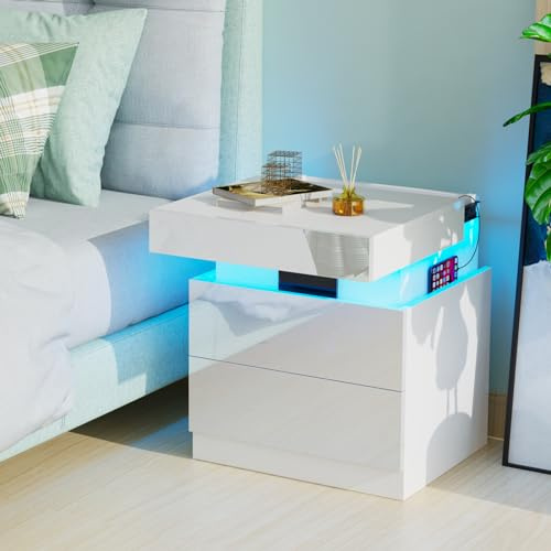 Lvhcmfohm Table de Chevet avec Station de Charge, Table de Nuit avec LED et USB, Chevet de Lit avec 2 Tiroirs et Armoires Coulissantes Cachées (Blanc, 45x40x52cm)