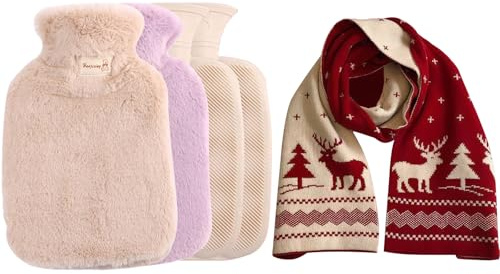 Bizcasa 2 Lot de 2L Bouillotte Eau Chaude avec Housse en Peluche,Bouillotte Eau Chaude Grande Capacité Bouillotte en Caoutchouc avec Housse Amovible Soulager Douleur,avec Une écharpe de Noël