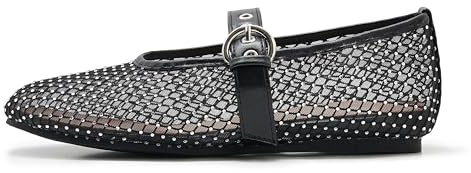 ATBELL Mesh Ballet Flats for Women Round Toe Buckle Strap Mary Jane Flat Comfortable Casual Ballerina Shoes, Rhinestone Black, 4.5 UK
