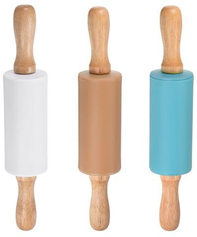HARFINGTON 3pcs Silicone Rolling Pins for Baking 9.25 Inch Non-Stick Silicone Surface Wooden Handle Rolling Pin Small Roller Playdough Rolling Pins for Dough Pizza, White/Brown/Blue