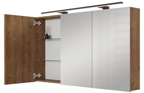Planetmöbel ARIA Spiegelschrank Bad mit Beleuchtung 120 cm breit | Badschrank hängend mit Spiegel | Gold Eiche, mit Leuchte und Steckdose, Spiegelschrank Gäste WC 120 x 70 x 16 cm