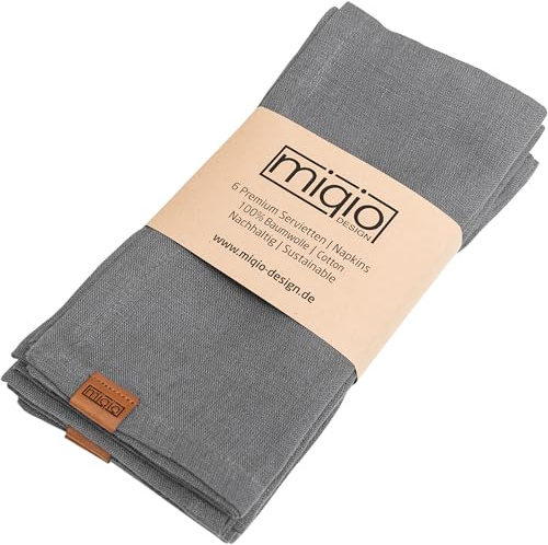 MIQIO® Design Baumwollservietten I 6er Set I 45x45 cm I Stoff-Servietten aus 100% Bio-Baumwolle I GOTS, BCI und Ökotex Zertifiziert I Dunkelgrau