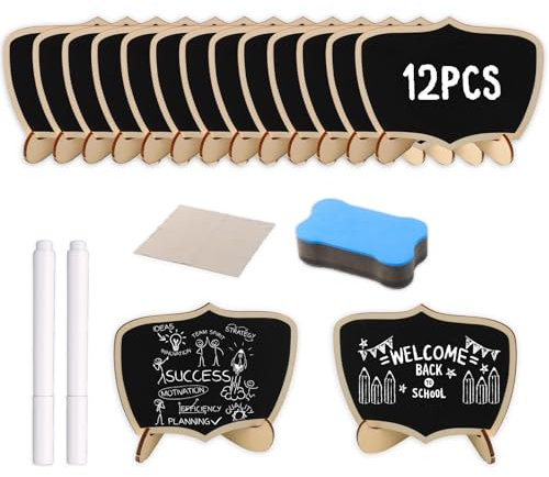 Mini Kreidetafel mit Ständer Set, 12 Stück Holz Tafeln zum Beschriften, Löschbar Memotafel Tischschilder mit 2 Stiften und 1 Reinigungstücher, Klein Holz Kreidetafel für Buffet, Tischdeko (Style 2)